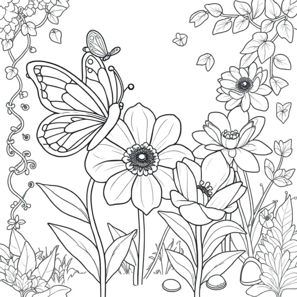 Wilde Vlinders Dansen Rond Reusachtige Zingende Bloemen I... coloring page for children