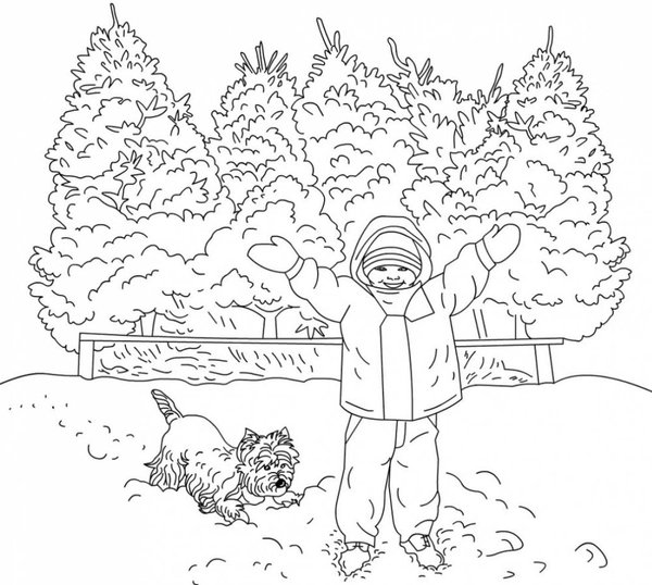 Winter Boy Dog Snow coloring page for children