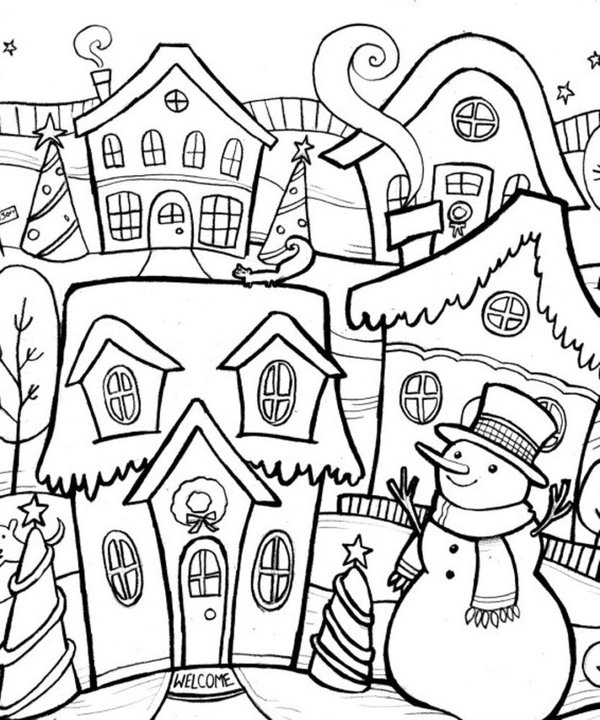 Winter Houses Snowman coloring page for children