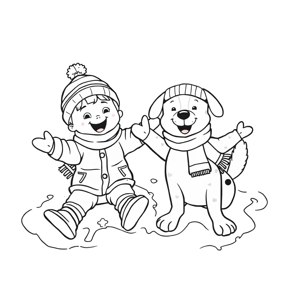 Winter Sneeuwengel Kind Hond Speels coloring page for children