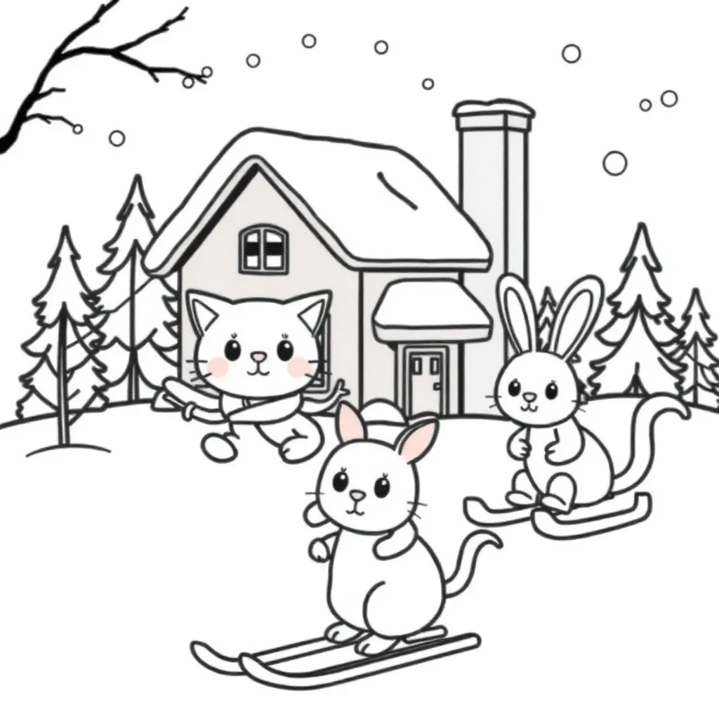 Winter Sneeuwpret Cartoon Dieren Buitenspelen coloring page for children