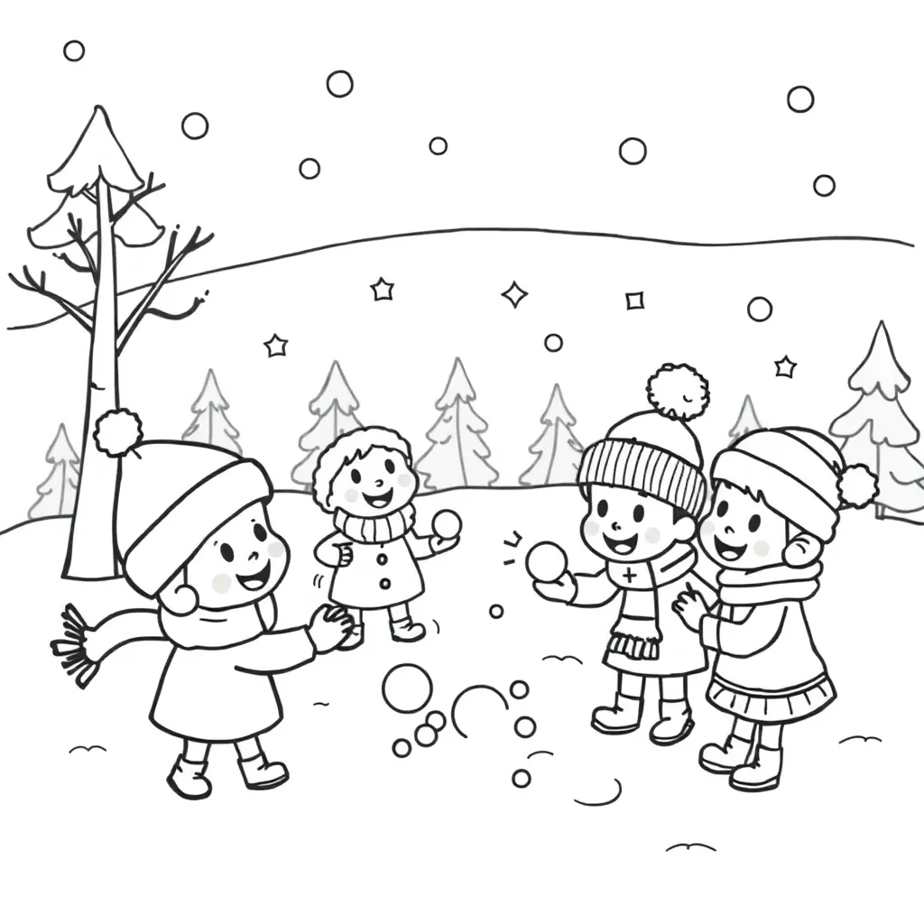 Winter Sneeuwpret Tekenfilm Kinderen Buiten coloring page for children