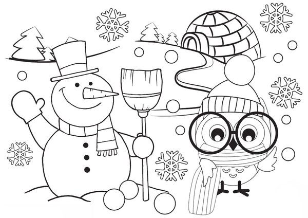 Winter Snowman Owl coloring page for children