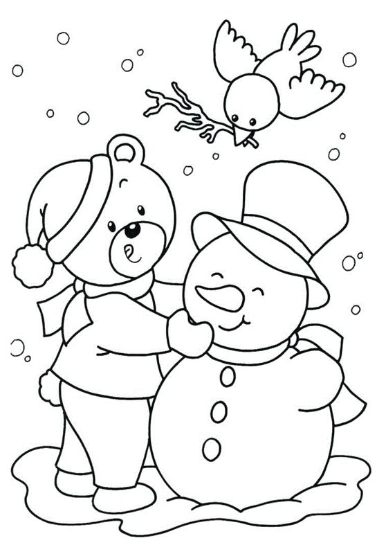 Winter Weihnachten Schneemann Bär und Vogel coloring page for children
