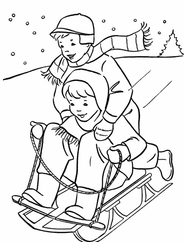 Winterjunge und mädchen beim Schlittenfahren coloring page for children