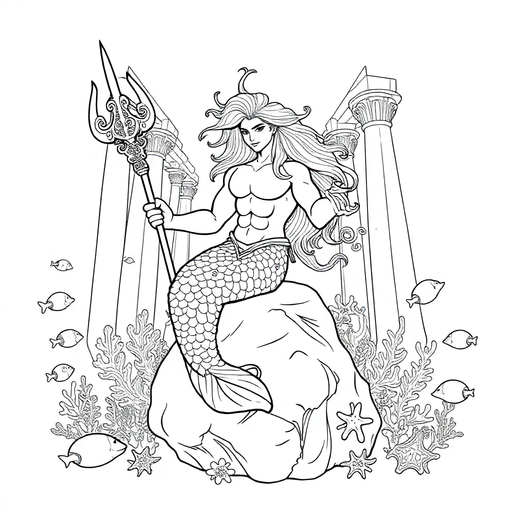 Zeemeerman Poseidon Drietand Zuilen coloring page for children