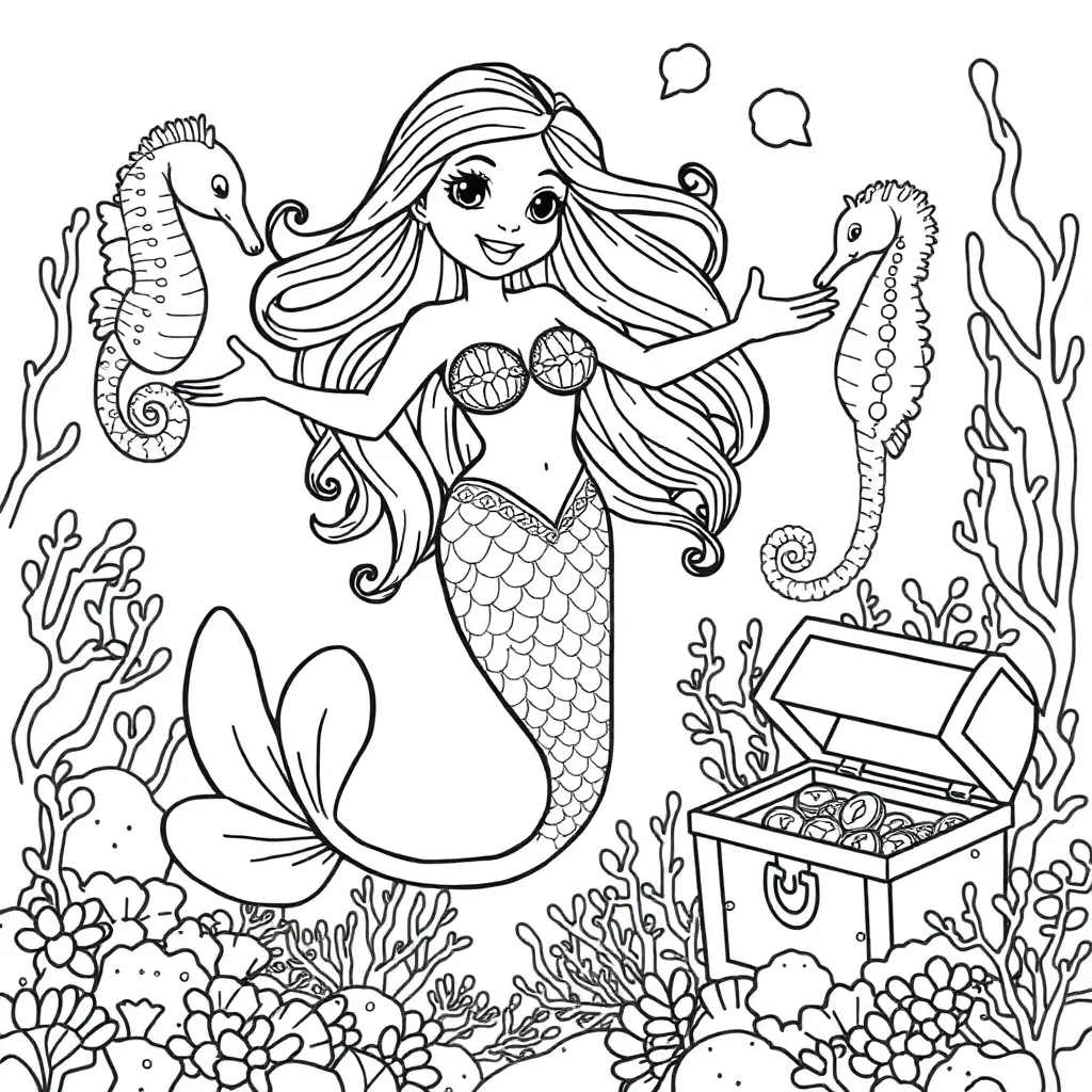 Zeemeermin Fantasie Mythisch Onderwaterwereld Magisch coloring page for children