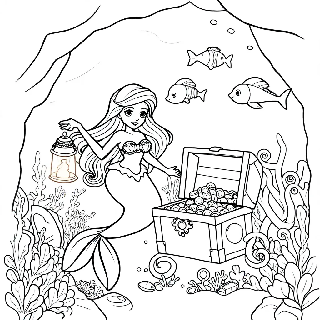 Zeemeermin Met Gloeiende Lantaarn Bij Gezonken Schatkist ... coloring page for children