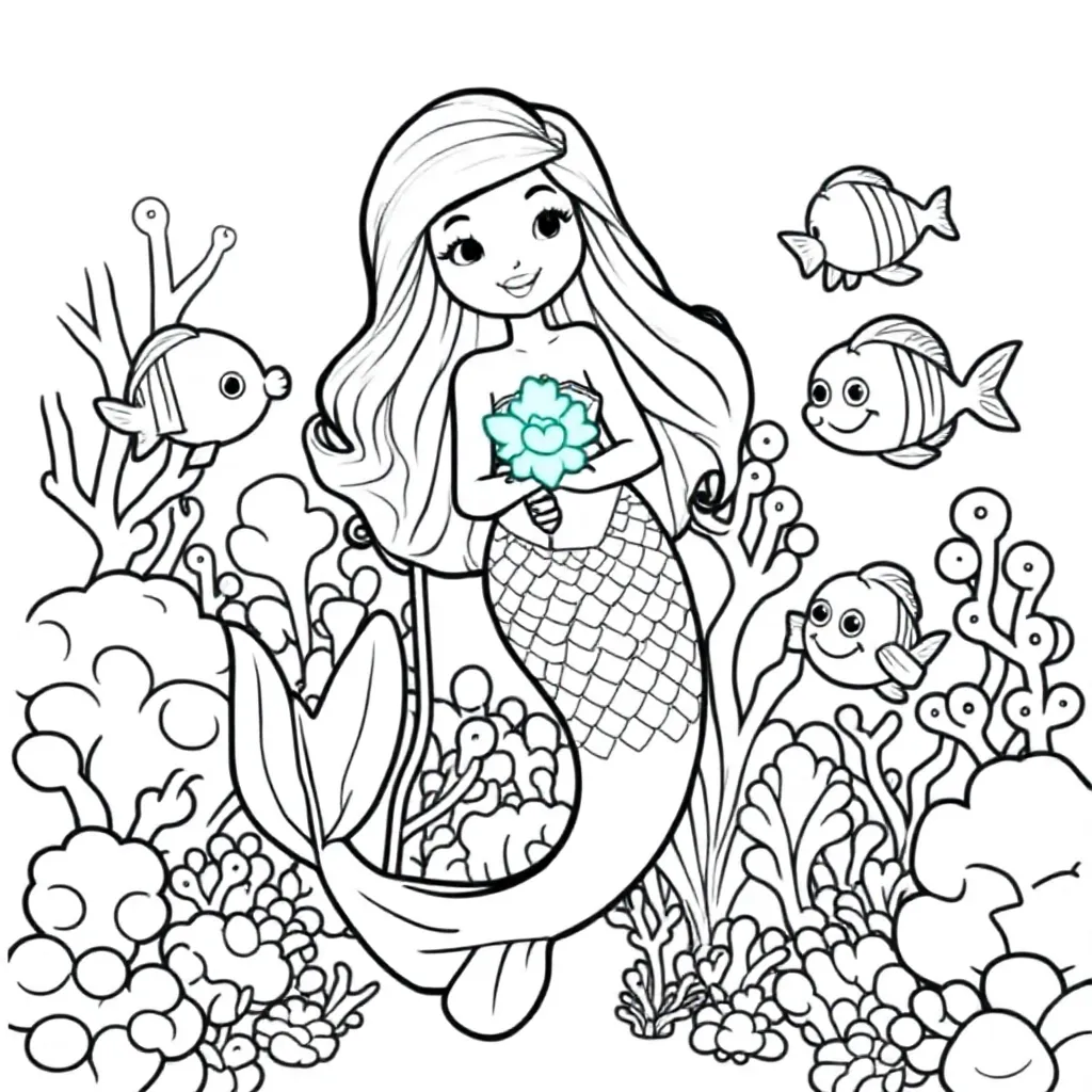 Zeemeermin Tuinier Plant Gloeiende Zeewierbloemen In Kora... coloring page for children