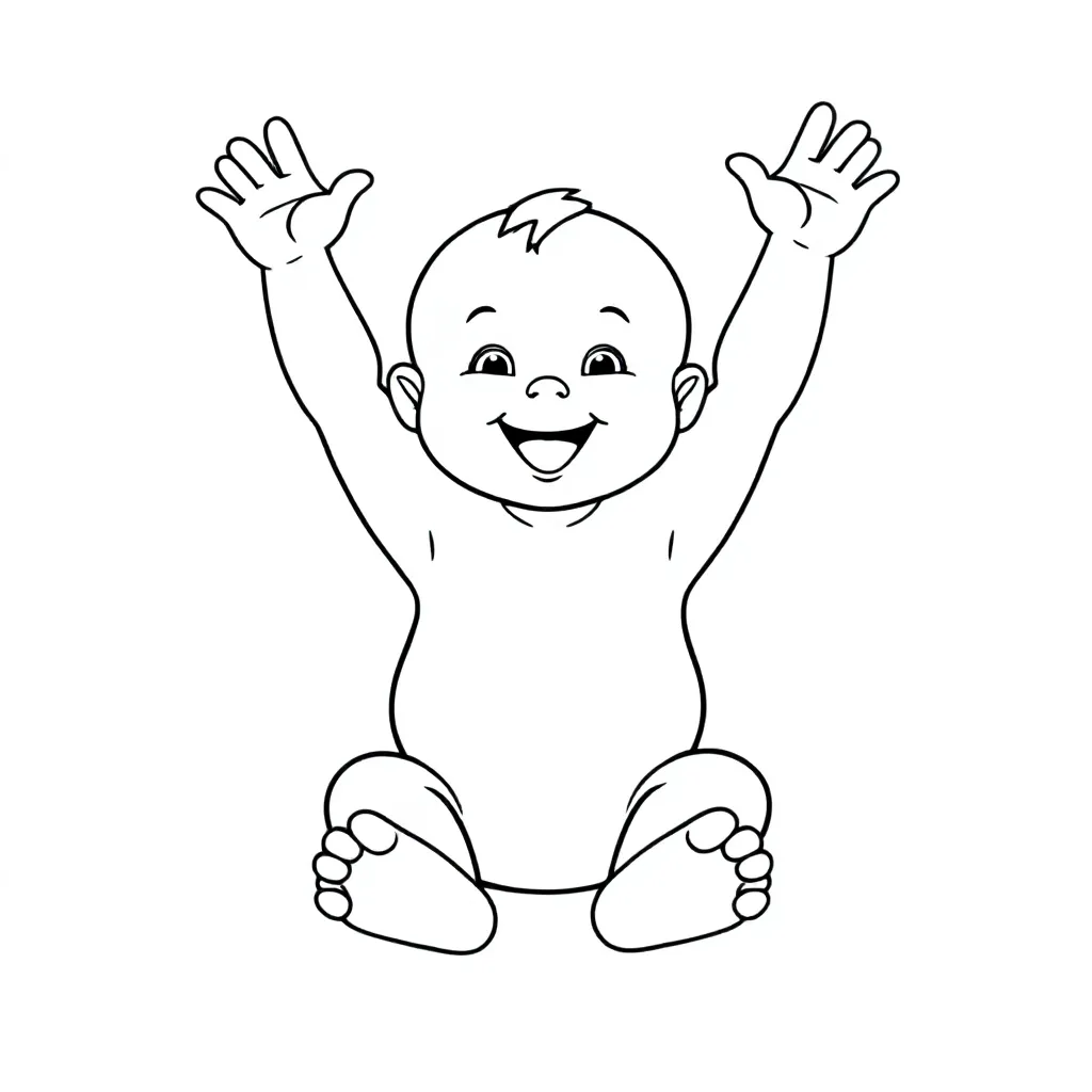 Zittende baby met armen in de lucht met 5 normale tenen, 5 normale vingers kleurplaat voor kinderen