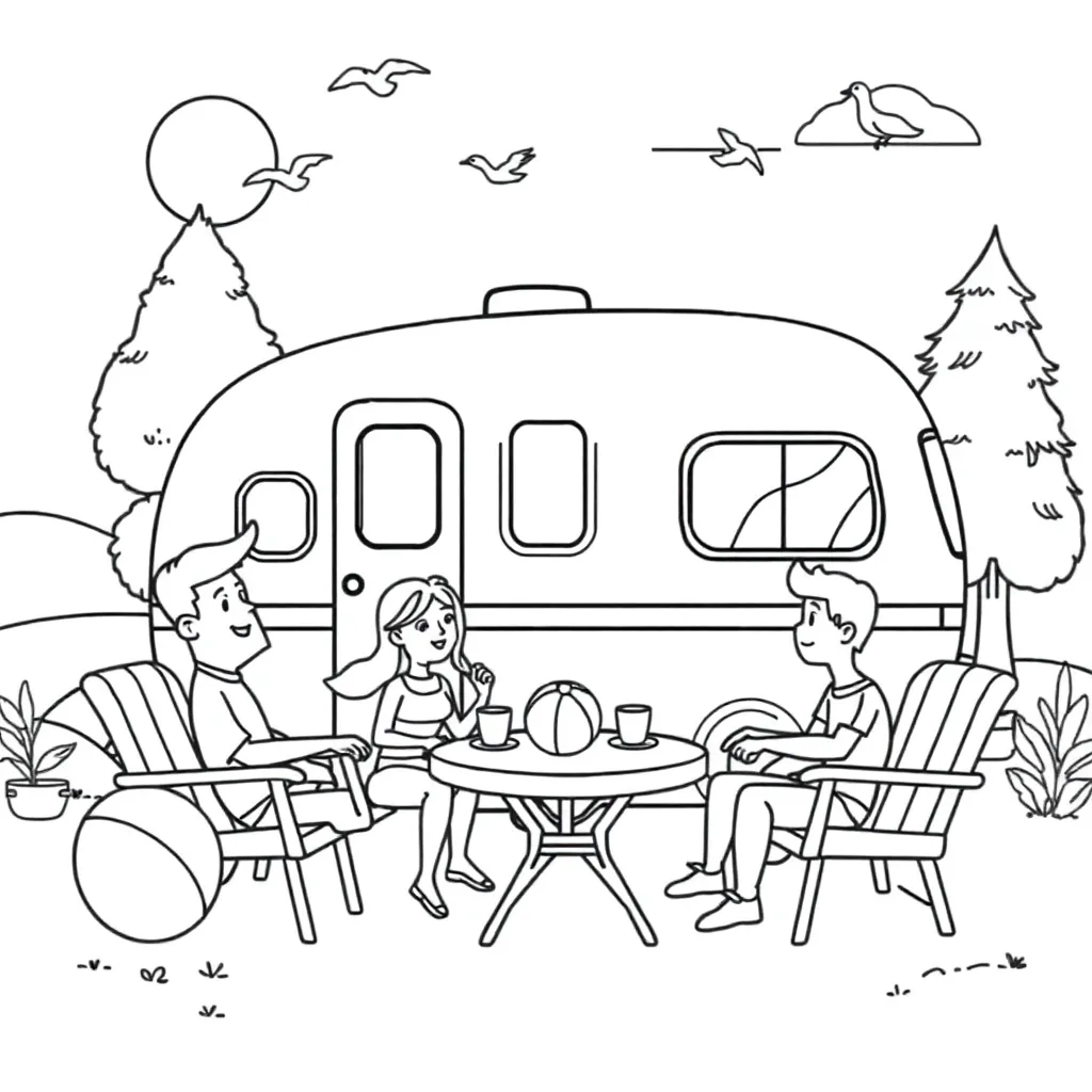 Zomer Vakantie Camper Familie Buiten coloring page for children