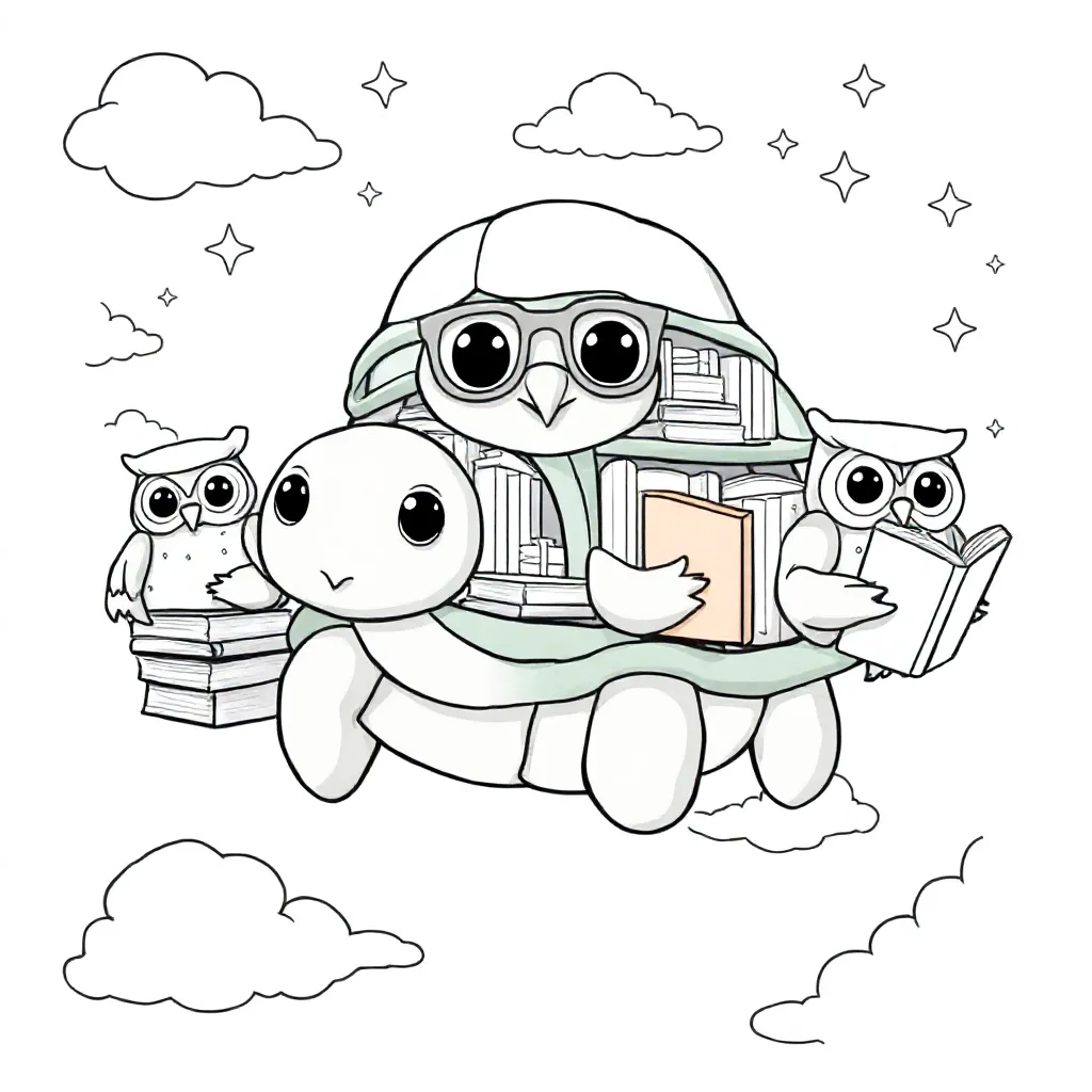 Zwevende schildpadbibliotheek met uilen als bibliothecarissen en boeken vol sterrenstof