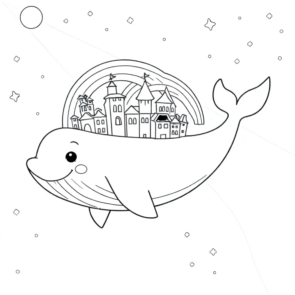 Zwevende Walvis Zwemt Door Sterrenstof Draagt Regenboogstad coloring page for children