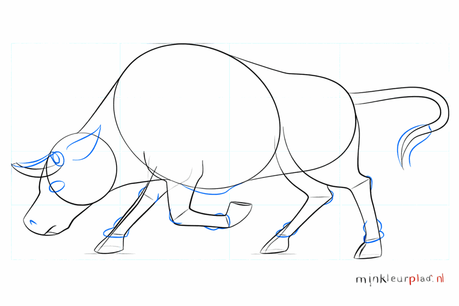 Details of the hooves and the full tail of the bull.