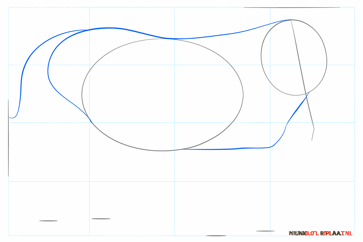 The neck lines and a curved line for the tail connect the basic shapes.