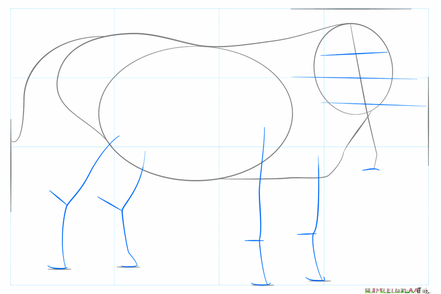 Small dashes and circles indicate the position of the legs and the face.