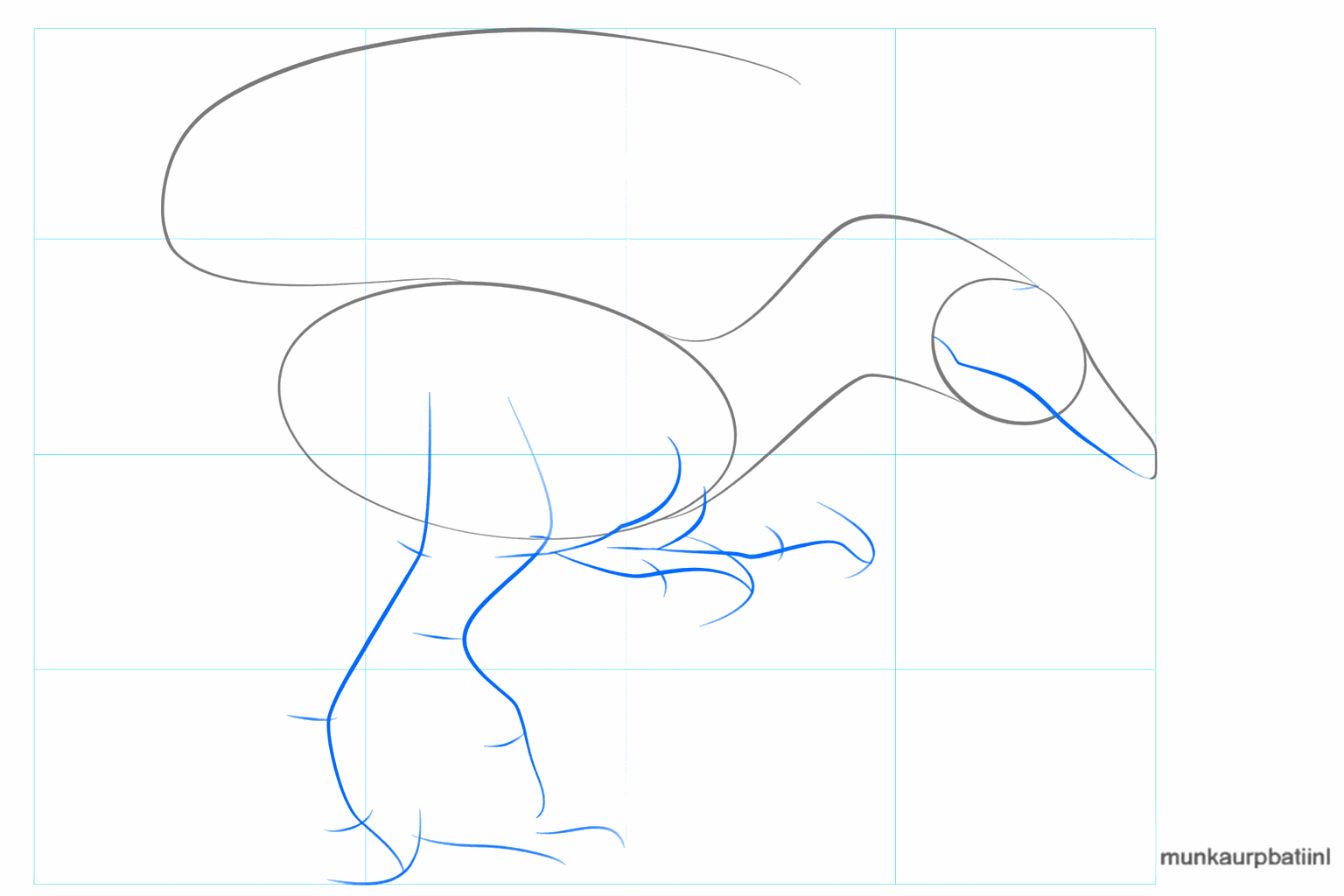 Draw guide lines for the legs, the mouth, and the eyes of the dino.
