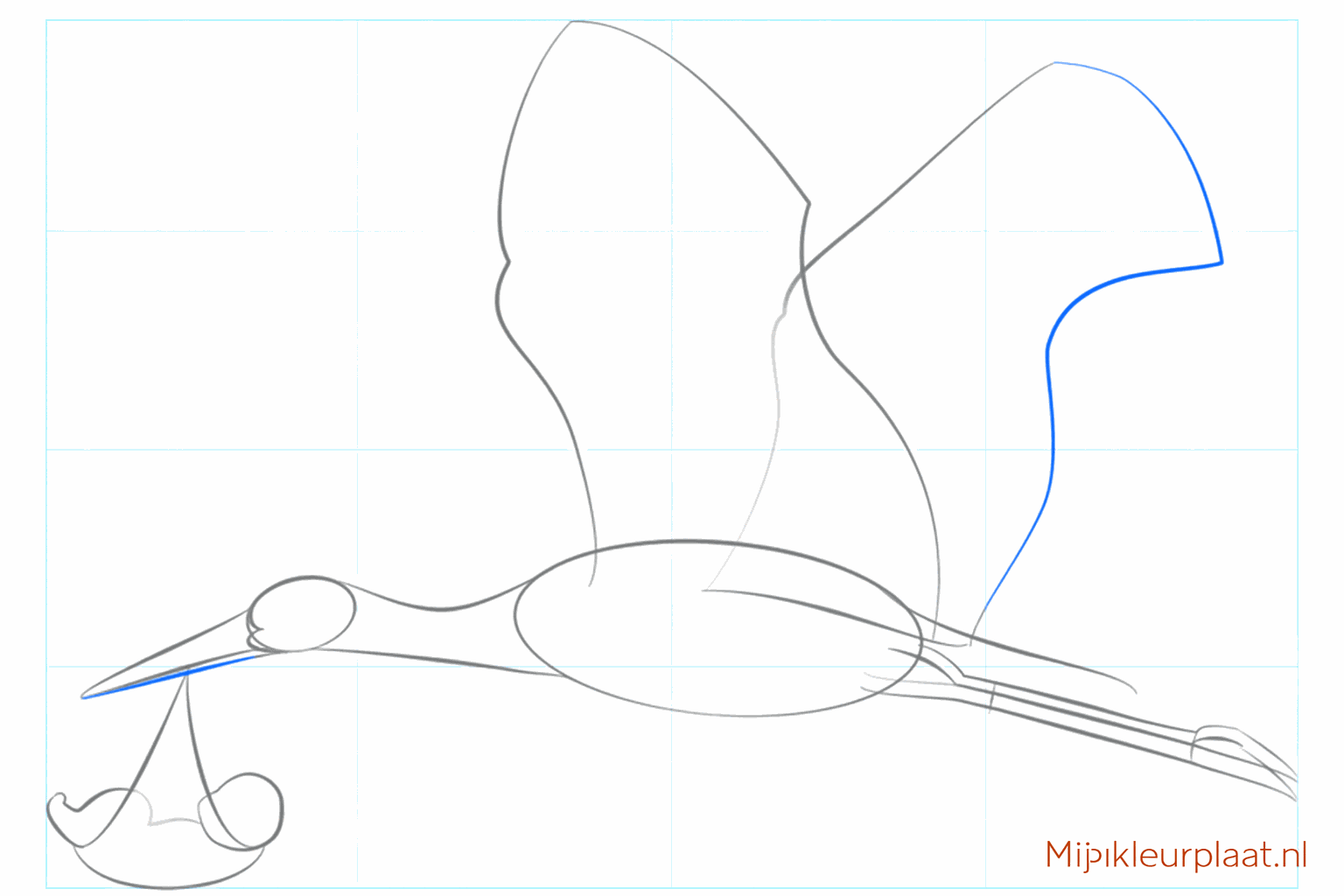 The beak takes shape and the long bird legs are sketched.