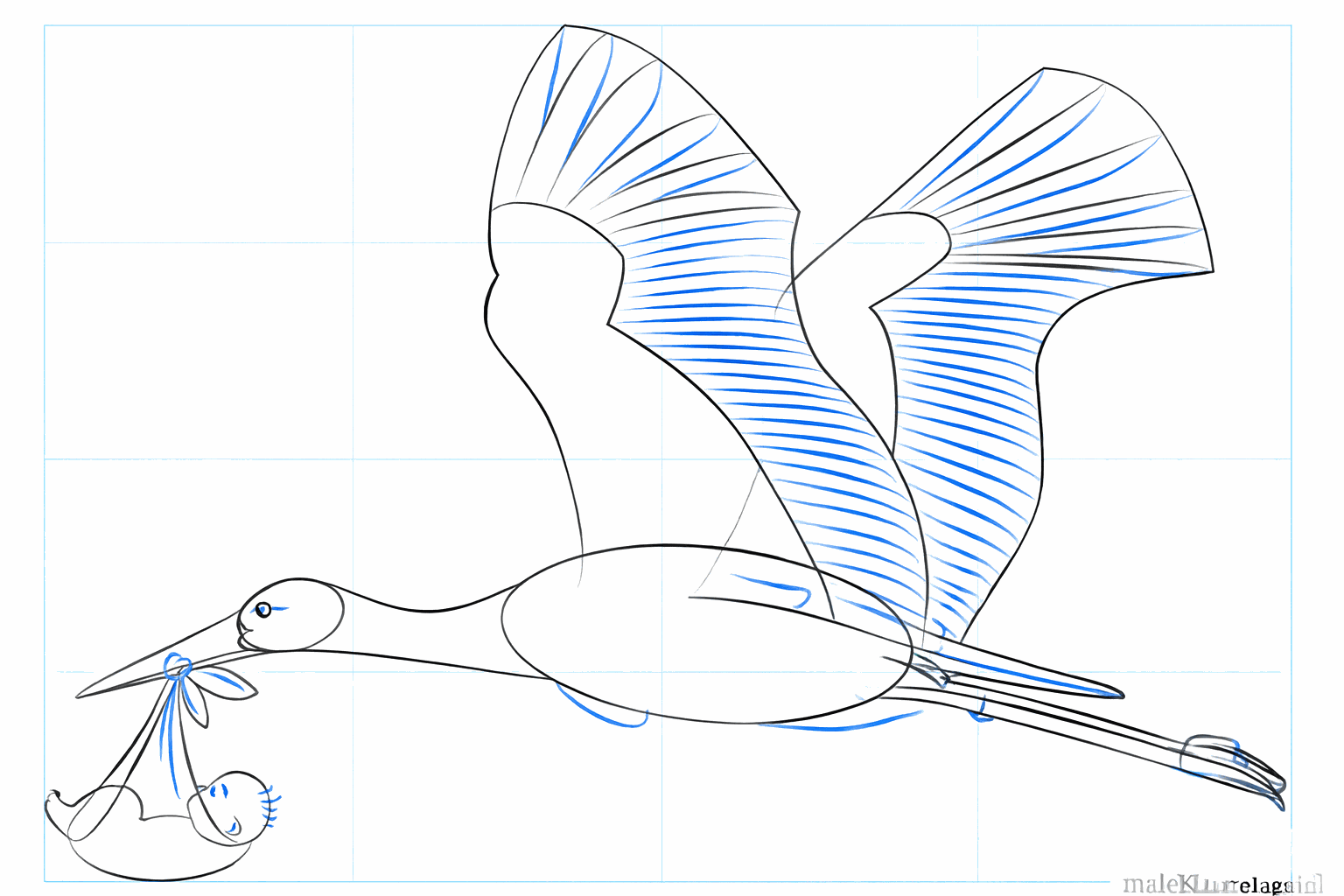 The stork's face and feet get more detail.