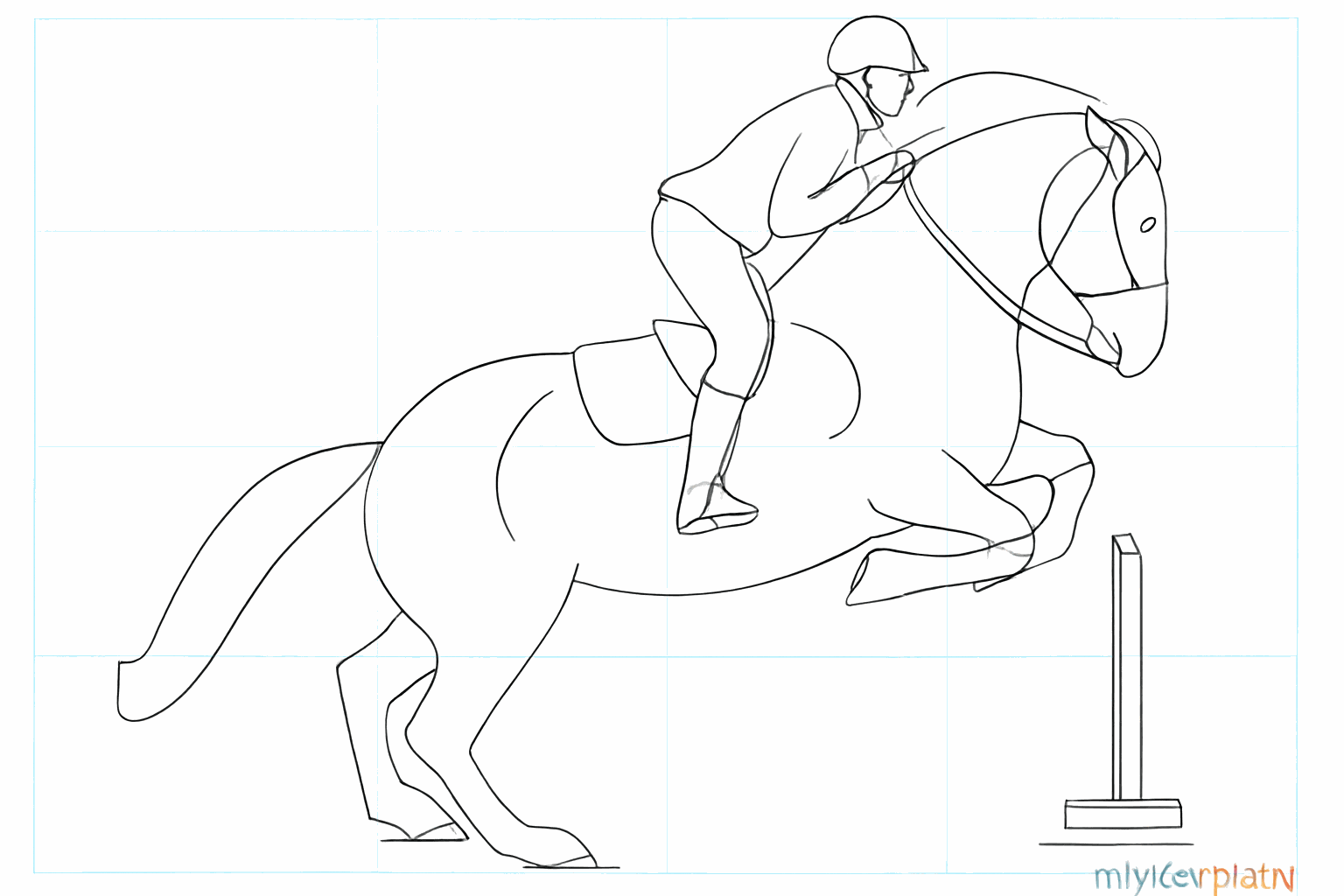 Details of the horse's head and the wooden bars of the obstacle.