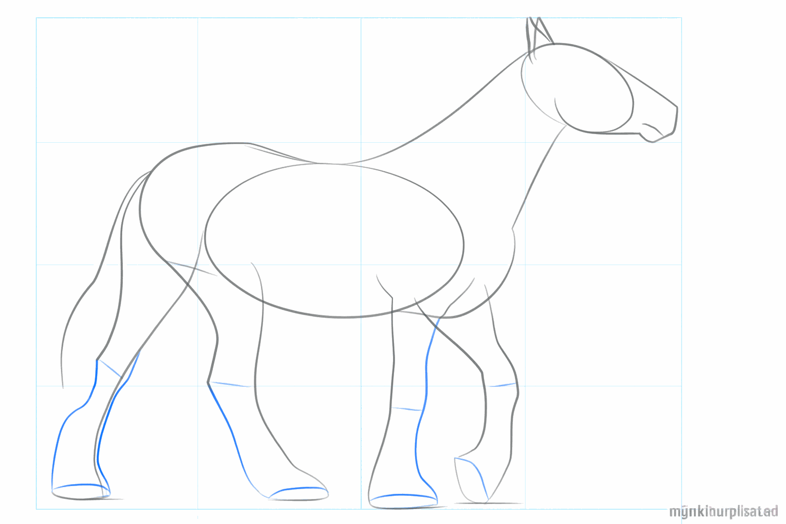 Drawing lesson step 4: Shaping the legs and hooves with thicker lines.