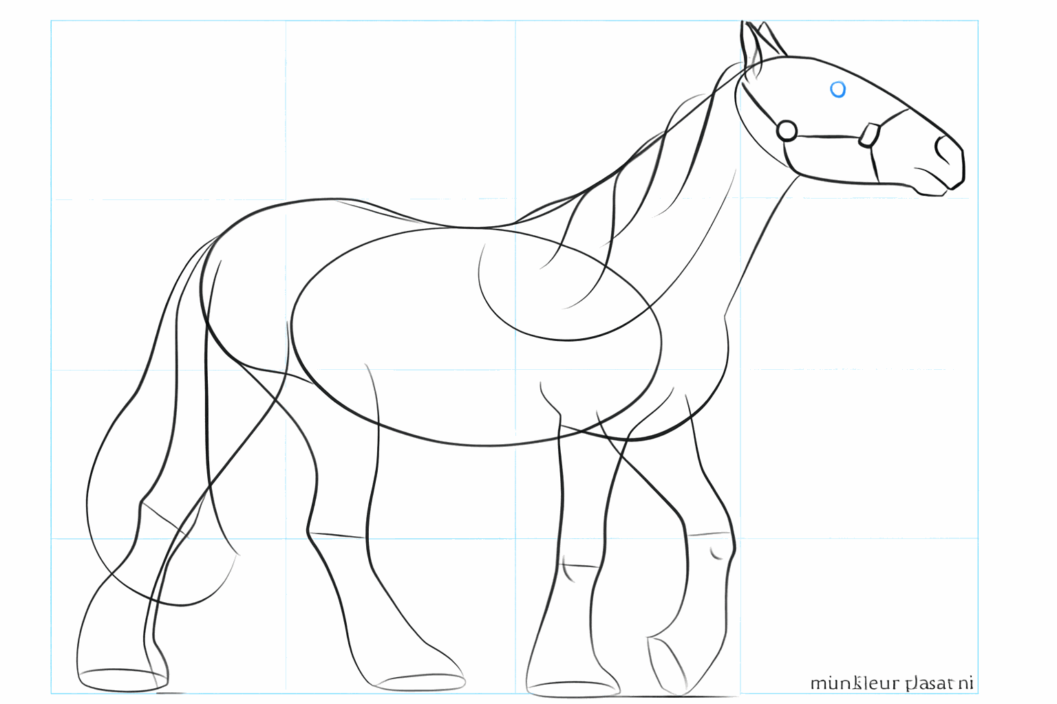 Drawing lesson step 5: Adding the eye, manes, and tail to the horse.