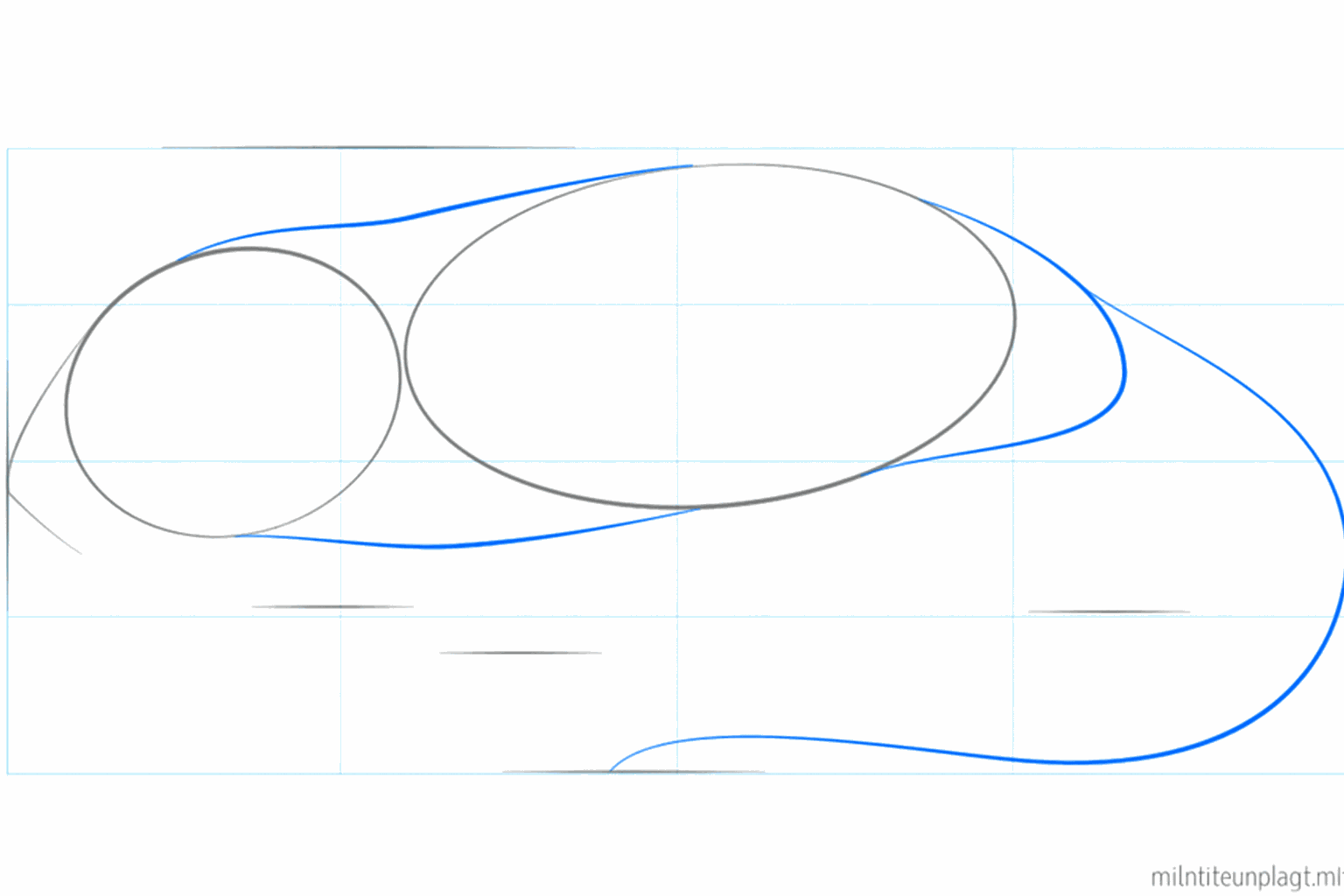 Lines connecting the head and the body with a long tail line.
