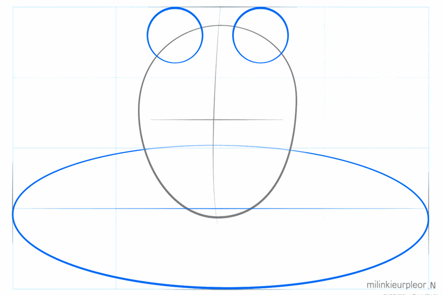 A large flat circle under the frog and two small eye-circles on top of the body.