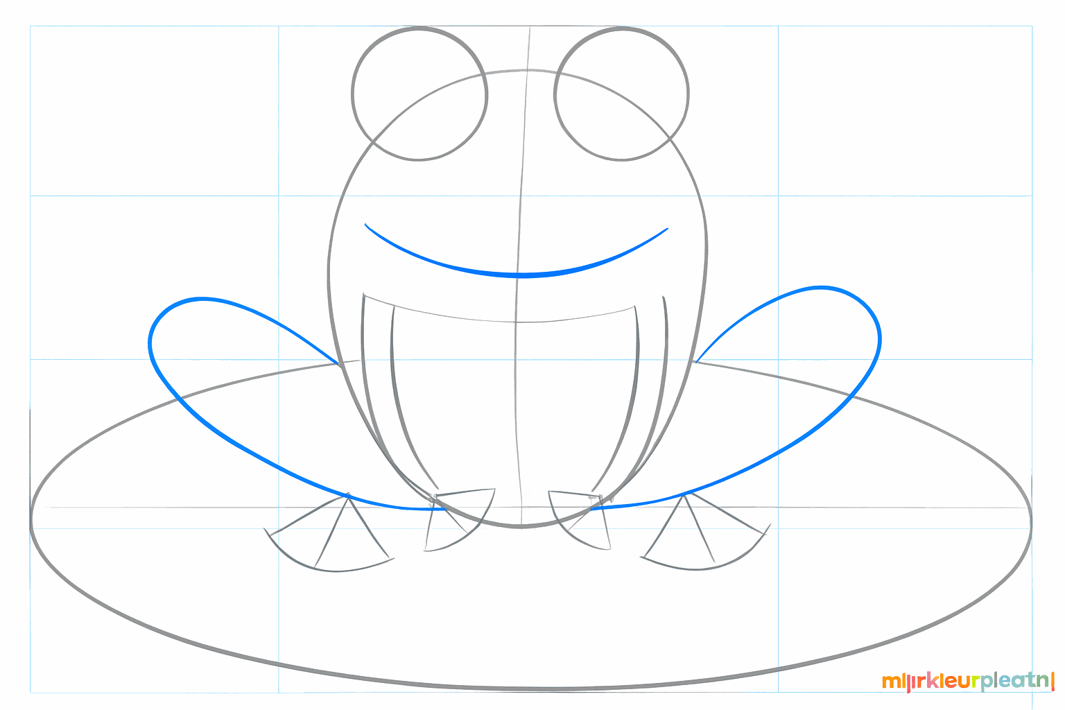 Curved lines for the frog's legs and a happy mouth inside the oval.