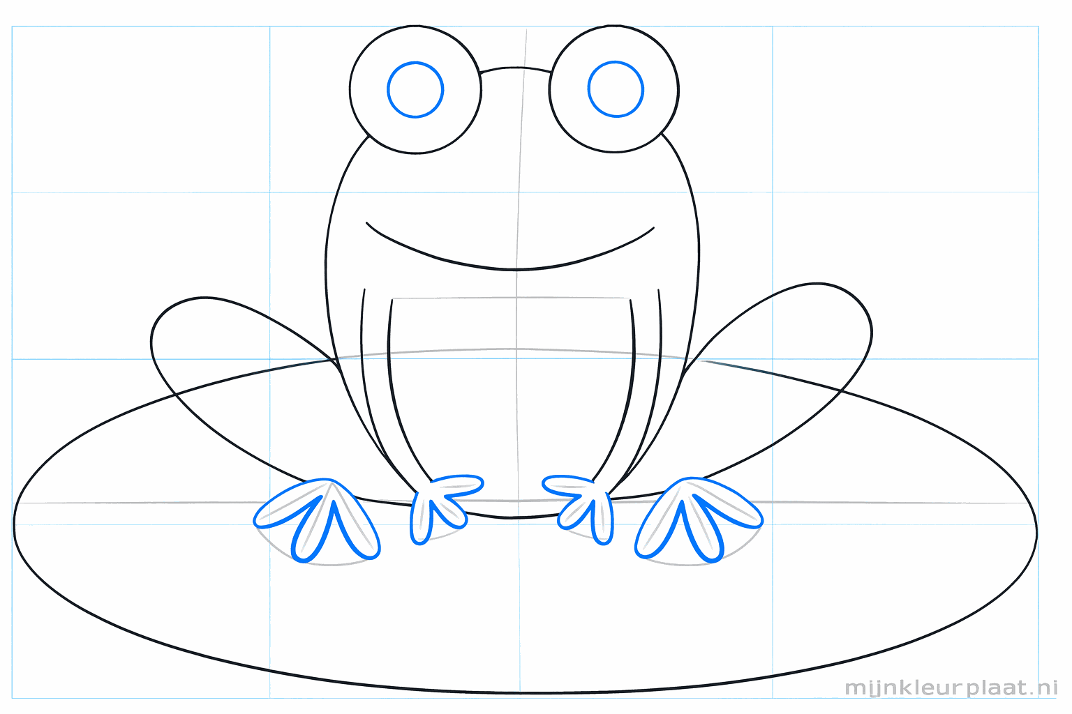 Two small front legs and pupils in the frog's round eyes.