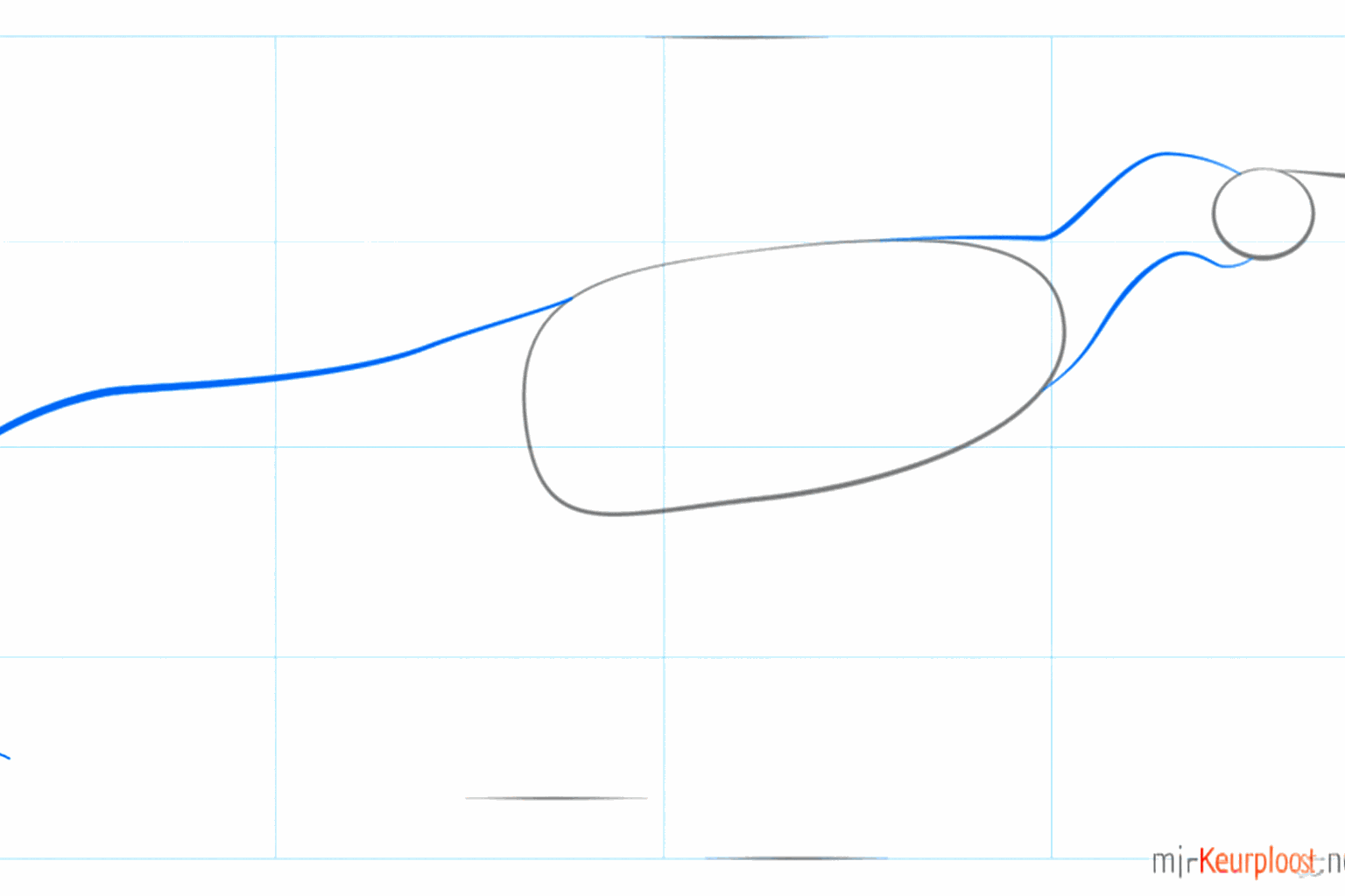 Guide lines connecting the head to the body and a long sweeping tail line.