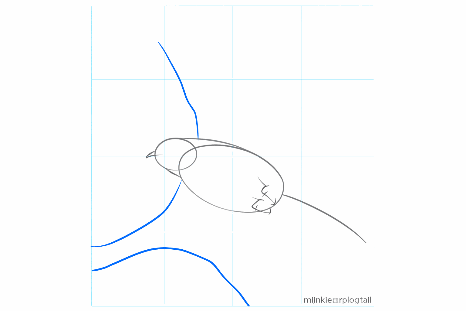 Long lines indicating the position of the tail and the spread wings.