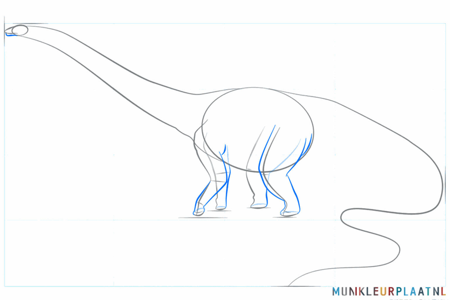 Dibujo de patas gruesas y un hocico definido en el dinosaurio.