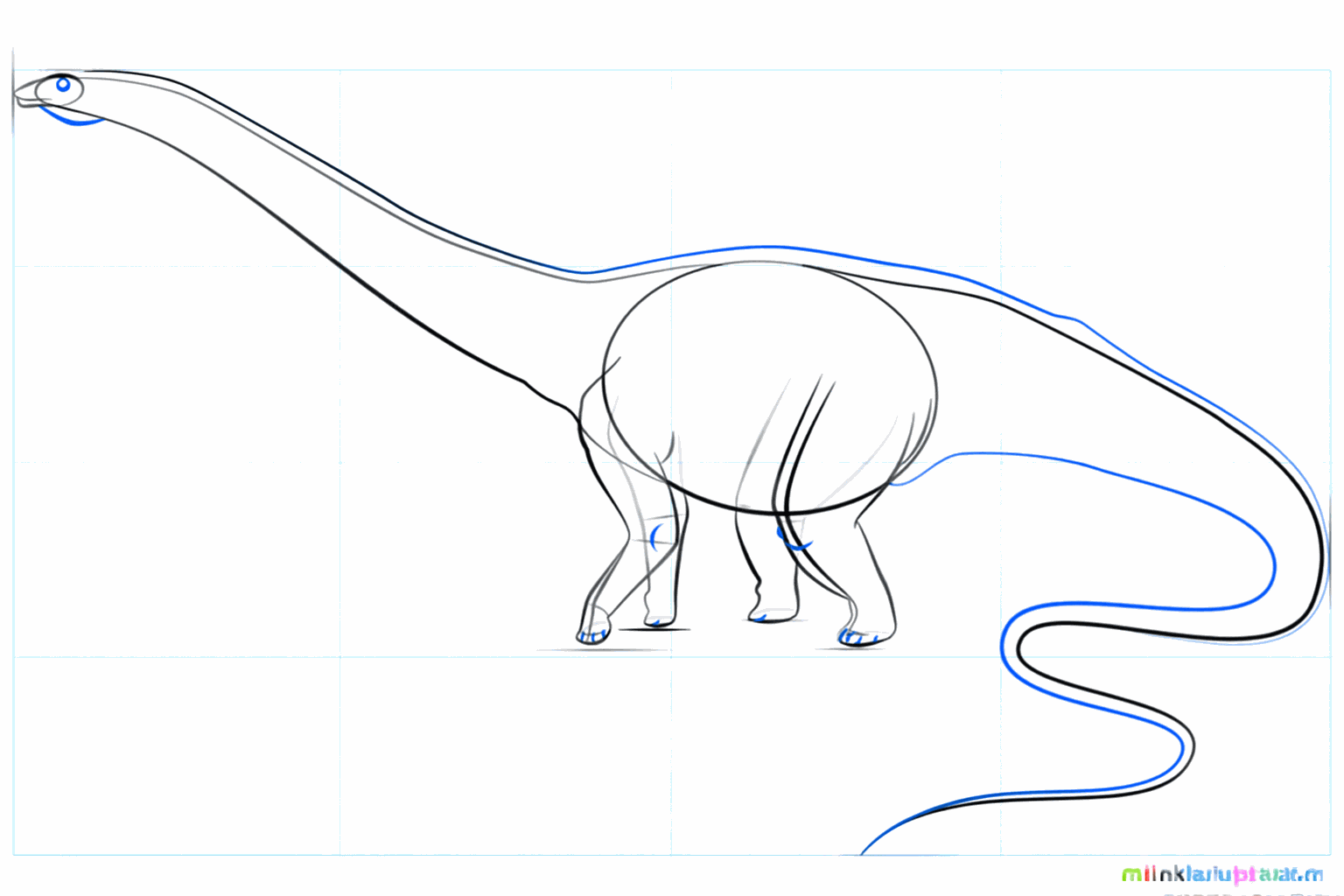 Añadiendo un ojo en la cabeza y una cola gruesa al Diplodocus.