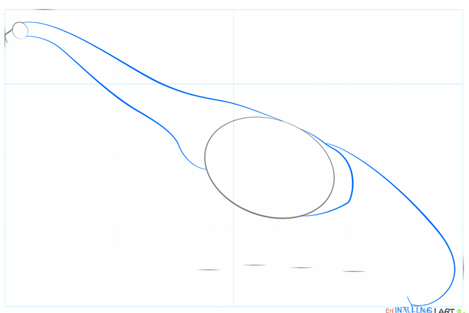Step-by-step drawing step 2: Drawing long lines for the neck and the start of the tail.