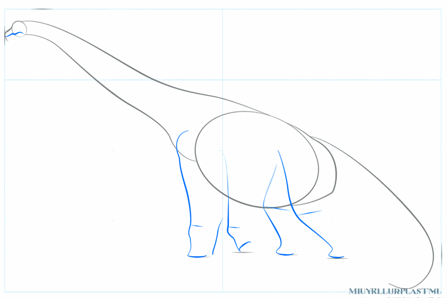 Drawing a Brachiosaurus step 3: Straight lines for the legs and a guide line for the mouth.