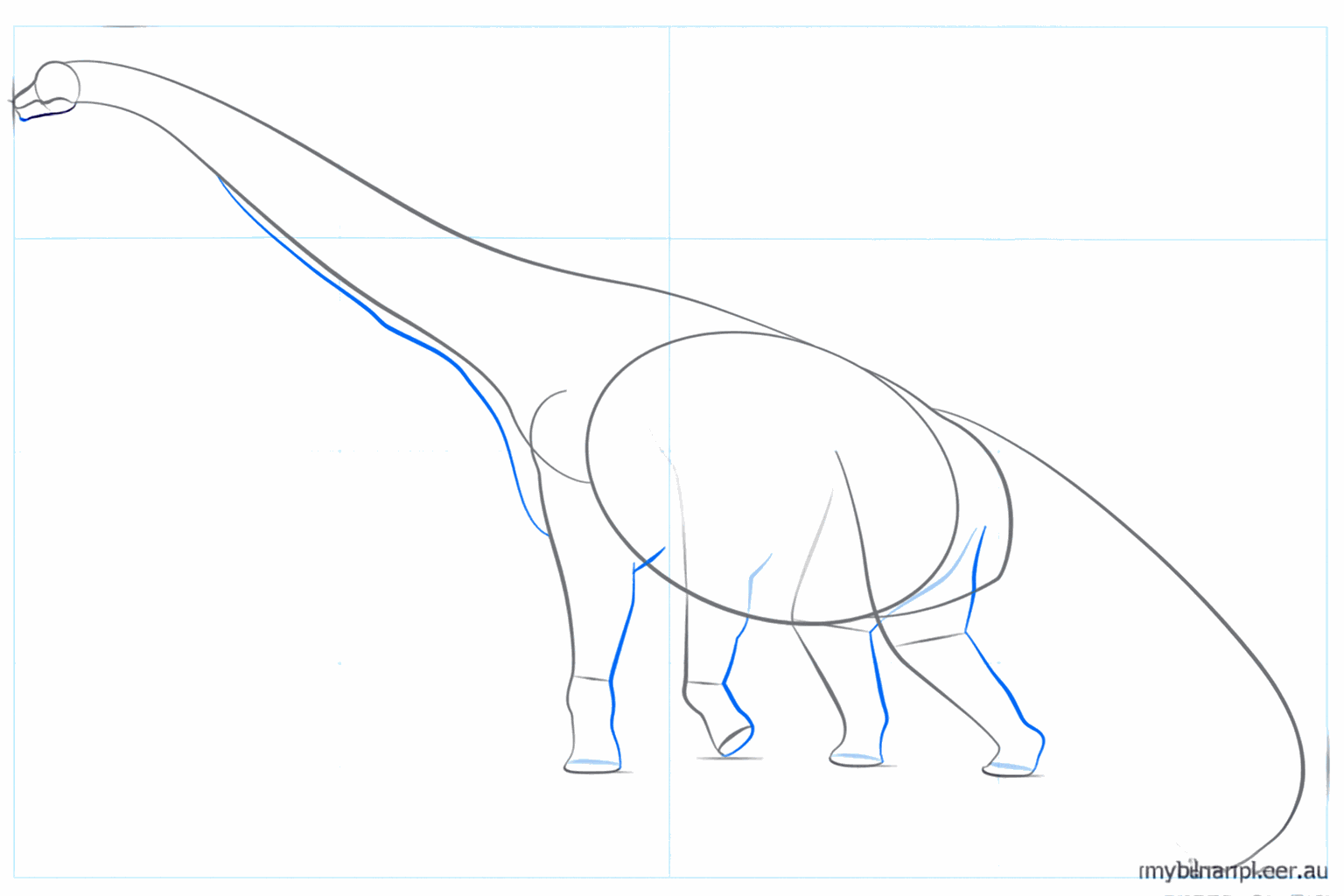 Dino drawing lesson step 4: Making the legs and the snout of the Brachiosaurus thicker.