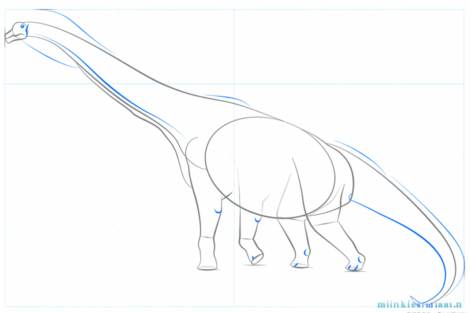 Step-by-step drawing step 5: Drawing the eye and the thick tail of the dinosaur.