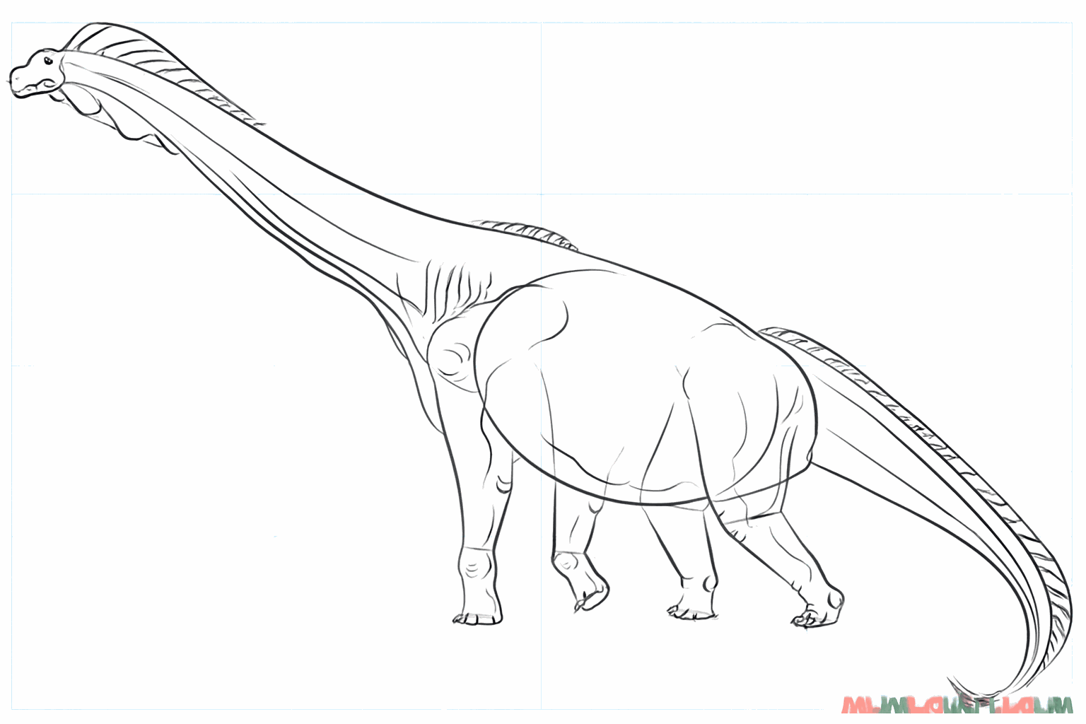 Drawing a Brachiosaurus step 6: Adding details like claws and skin folds in the neck.