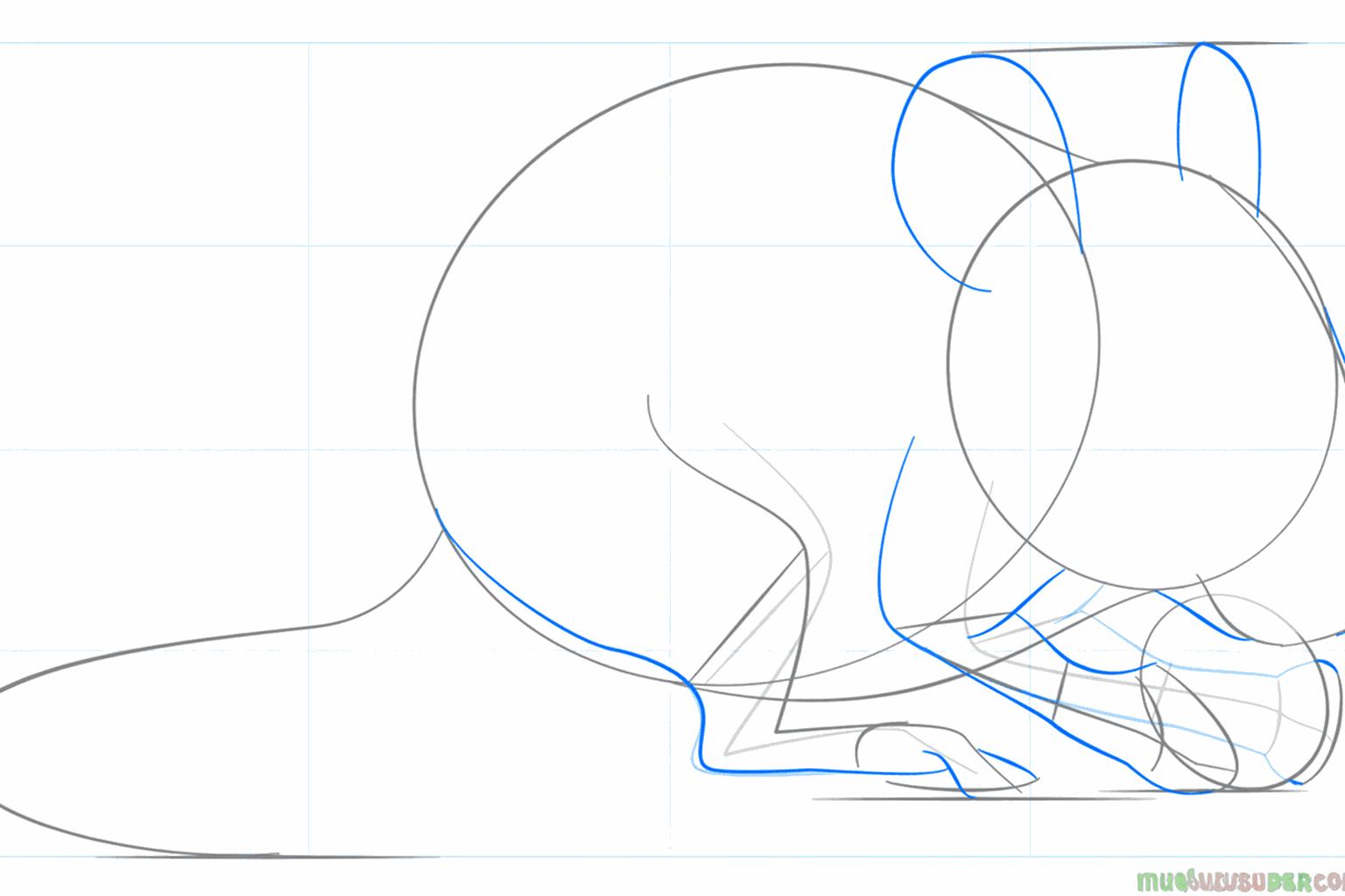 Zeichne die runden Formen der Mauseohren und die spitze Schnauze.