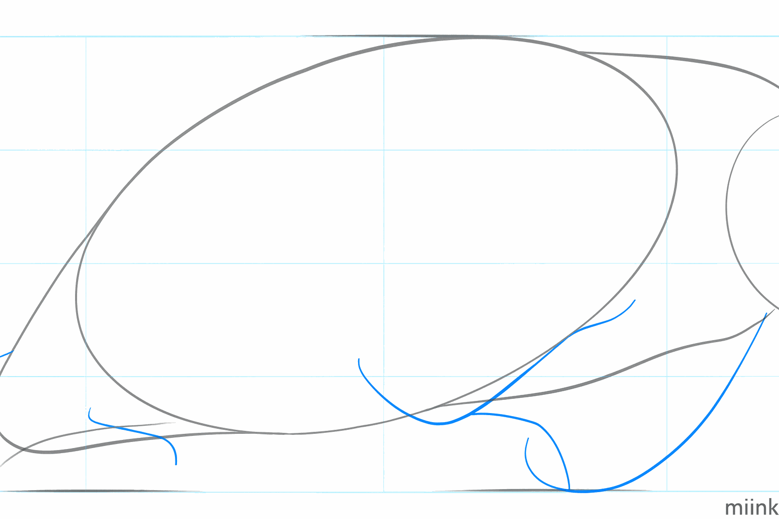Manatee drawing lesson step 3: Guide lines for the tail and the front fins.