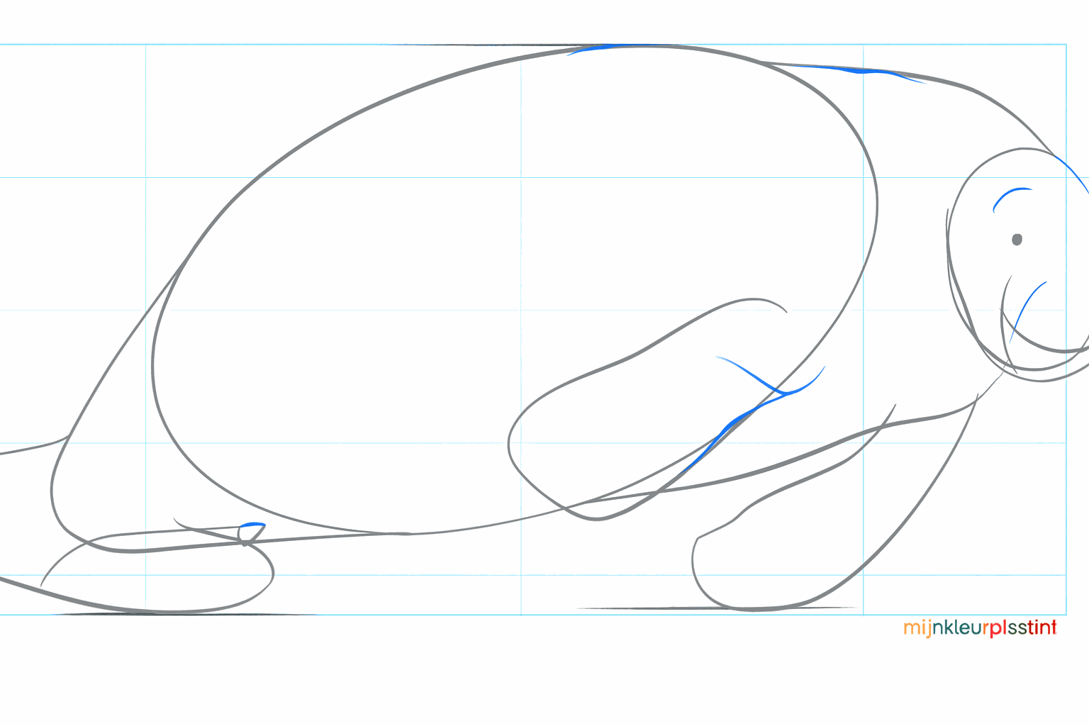 Manatee drawing lesson step 6: Drawing the face with a small eye and nostril.