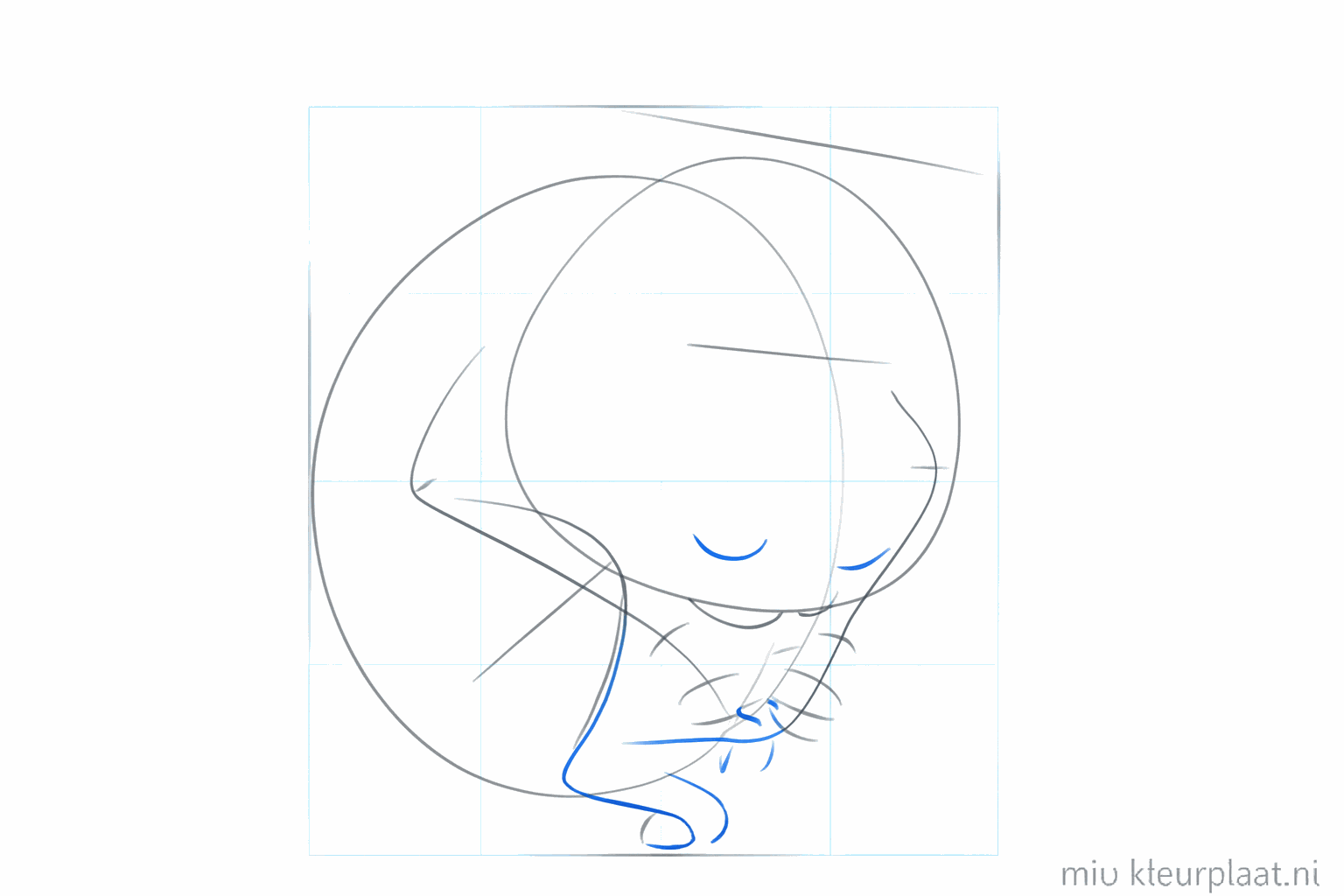 Lignes de construction et petits cercles pour la position des oreilles, des yeux et des pattes.