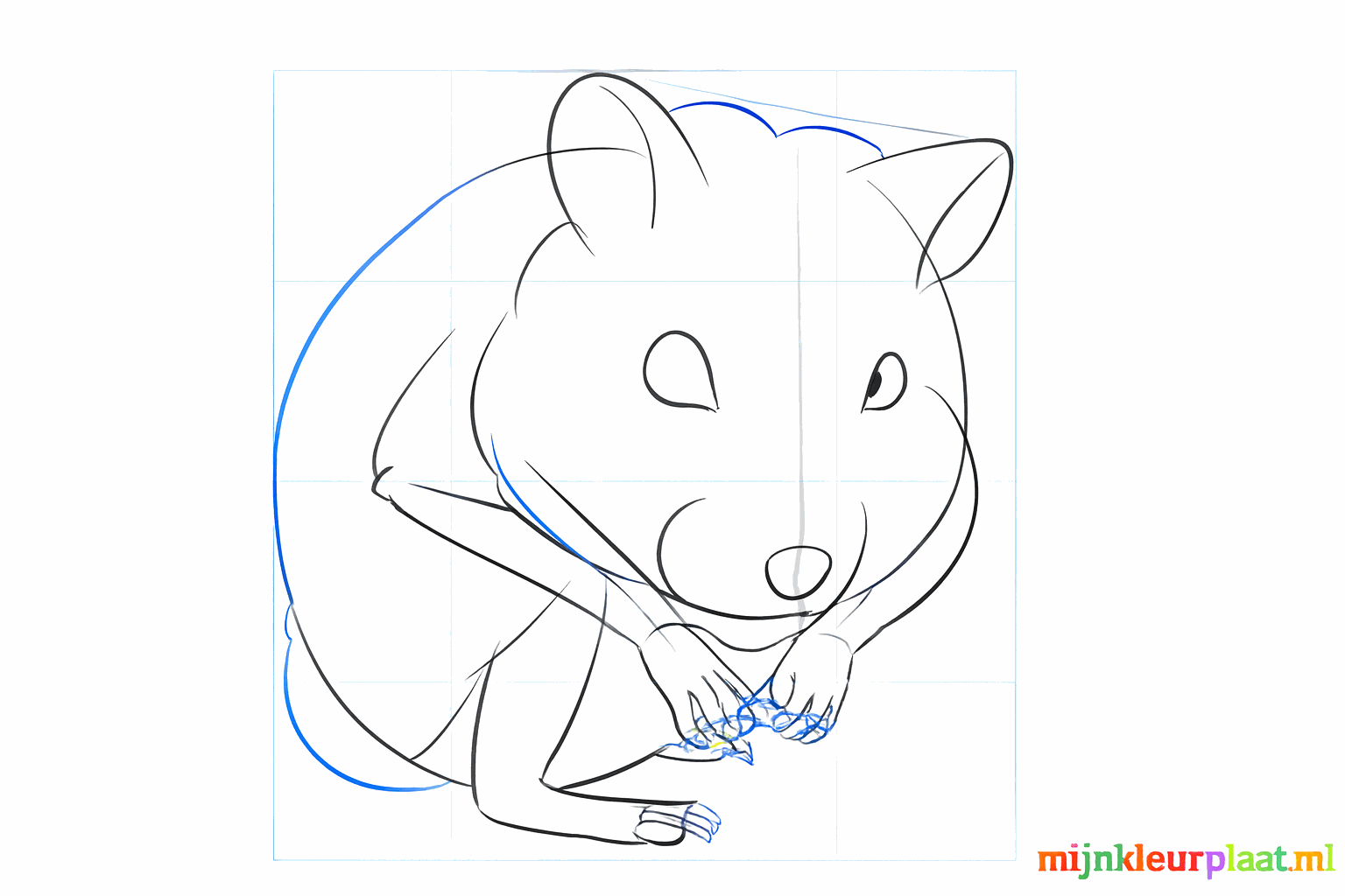 Yeux noirs en forme de billes et petits traits pour les orteils sur les pattes du hamster.