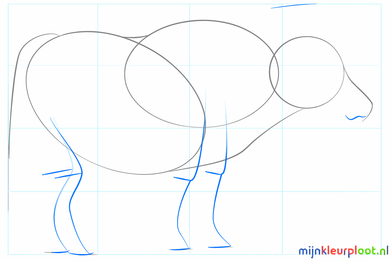 Guide lines for the legs and a circle on the head for the snout.