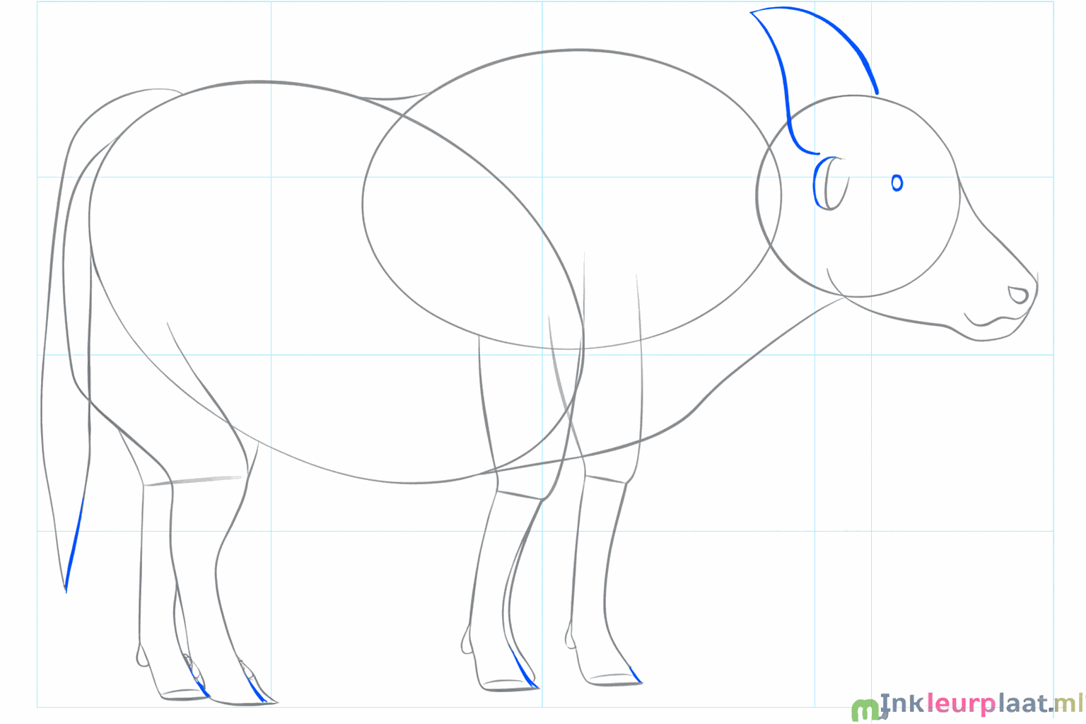 Drawing of hooves on the legs and large arches for the horns.