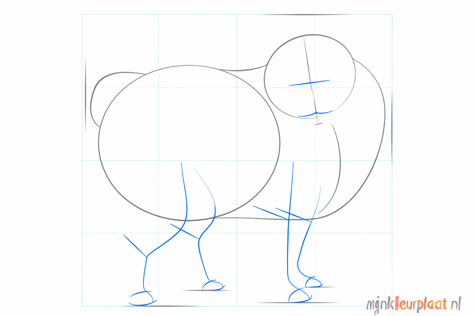 Lignes pour la position des pattes et points pour les yeux sur le visage.