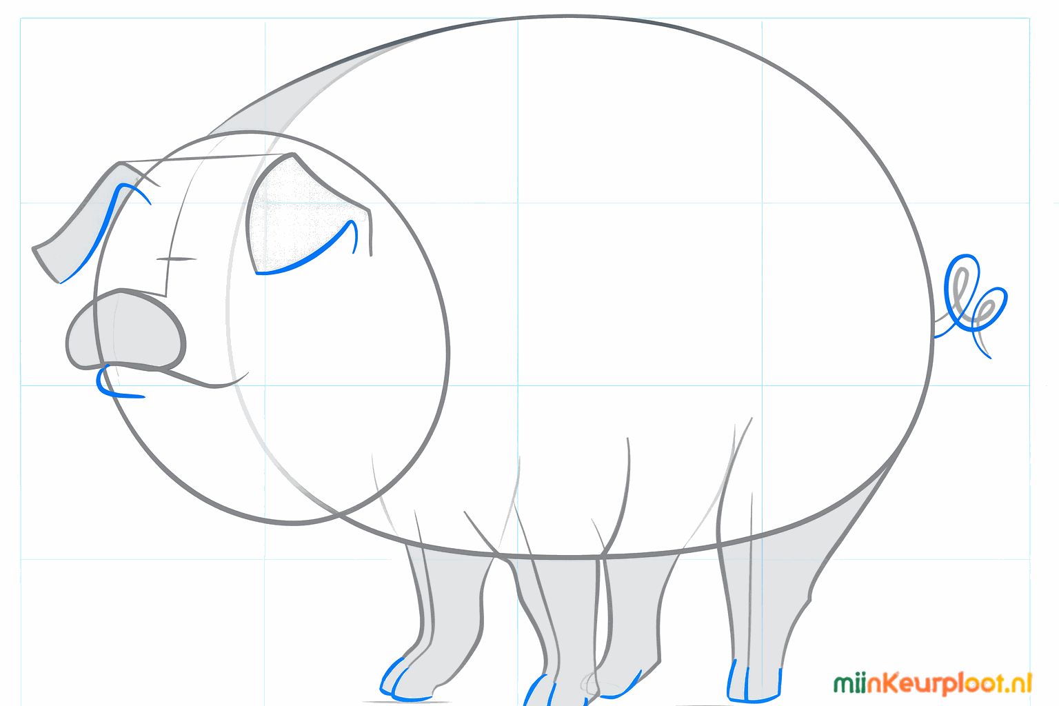 Dessin des sabots, des lèvres et d'une joyeuse queue en tire-bouchon.