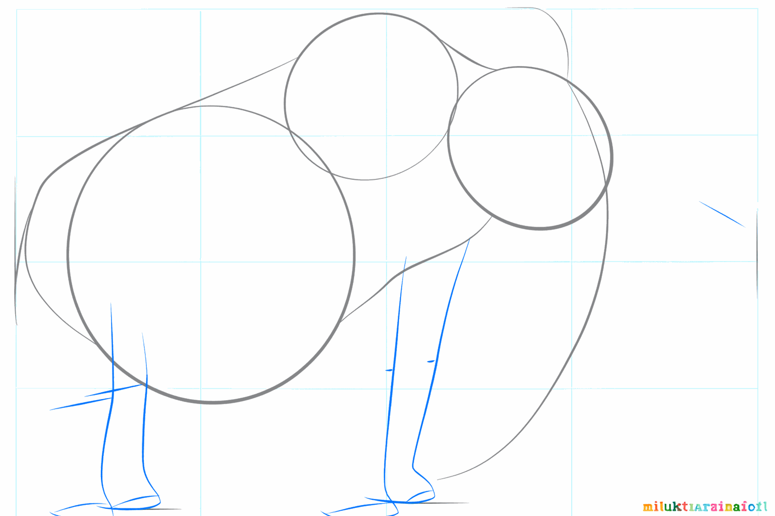 Guide lines for the four legs and the large tusks of the mammoth.