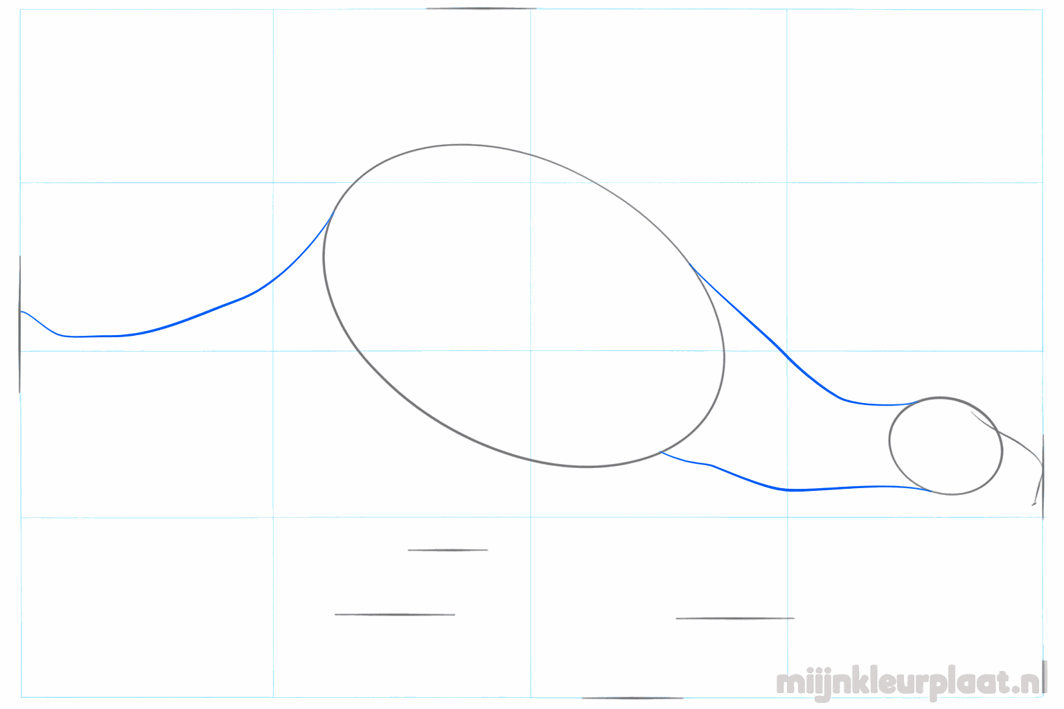La tête et le corps sont reliés par un cou et une longue ligne de queue est dessinée.